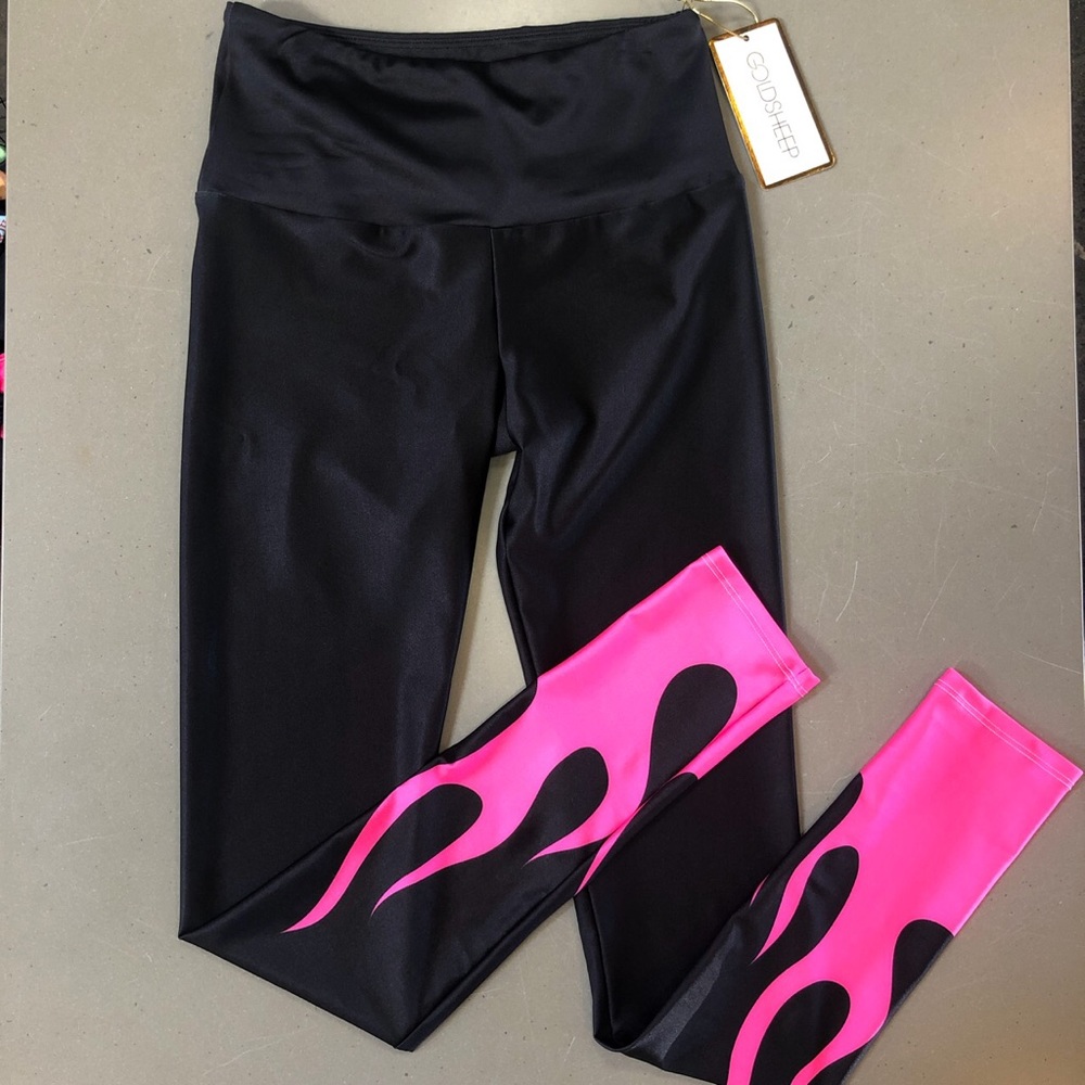 Black leggings with pink flames at the bottom!